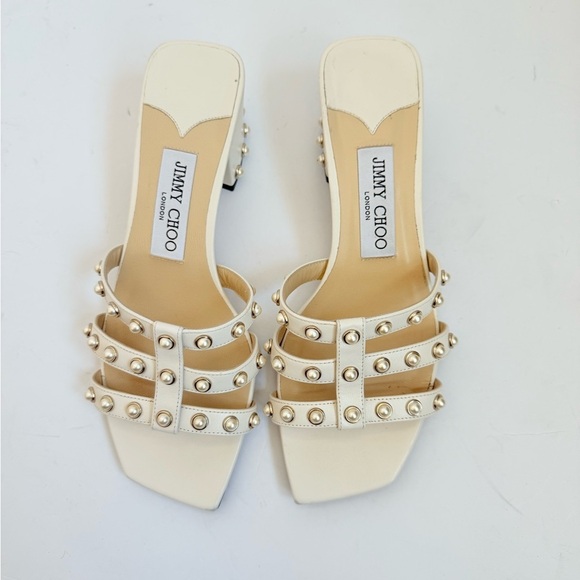 Jimmy Choo White/ Latte Leather Hazal Pearl Cage Slide Sandal 45mm 37 - Picture 2 of 10